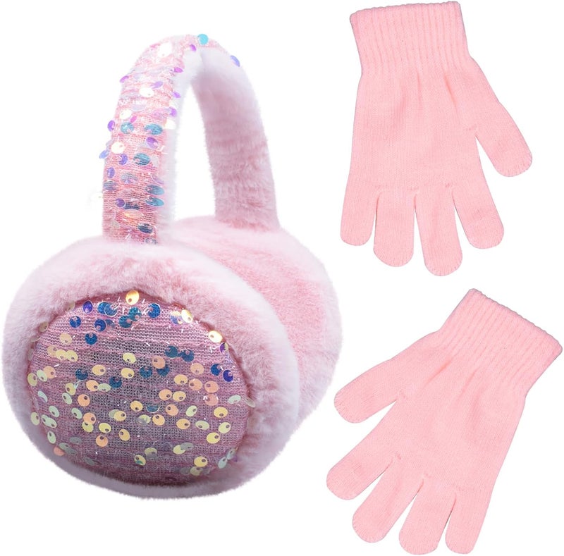 GSFY Ear Muffs Gloves Set for Kids Girls Adjustable Winter Sequin Faux Fur Windproof Warm Ear Warmer Outdoor - Image 1